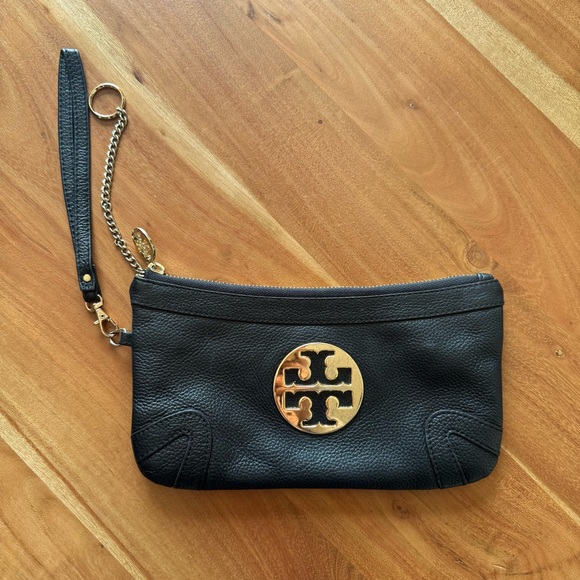 Tory Burch Black Leather Wristlet w/ Gold Logo | Classic Zip Pouch - Picture 7 of 8